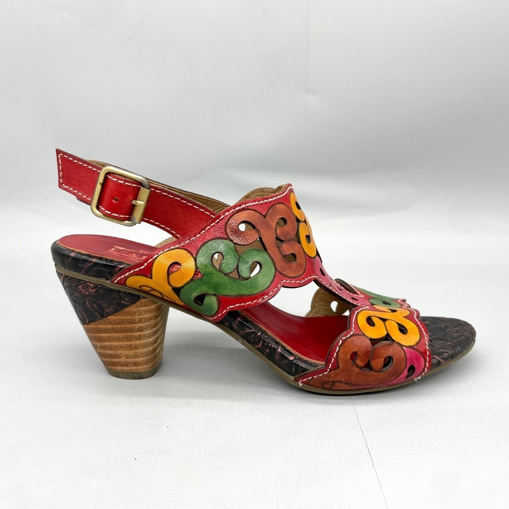 LArtiste Spring Step Woomens 39 8.5 Ketta Red Multi Leather Cutout Heel Sandals